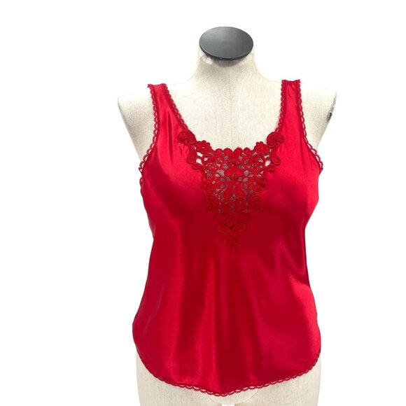 Vintage 80s 90s Crimson Red Lace Detail Cami Slip Top Large Camisole Top - Picture 2 of 8